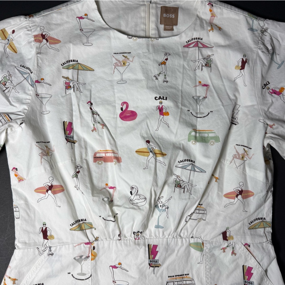 Hugo Boss Daranta White California Print Cotton Mini Dress Puff sleeves pockets